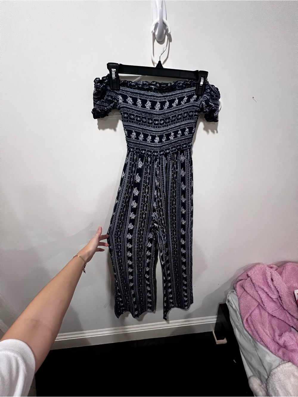 iris wide leg Navy and White Off-Shoulder Patterned Jumpsuit